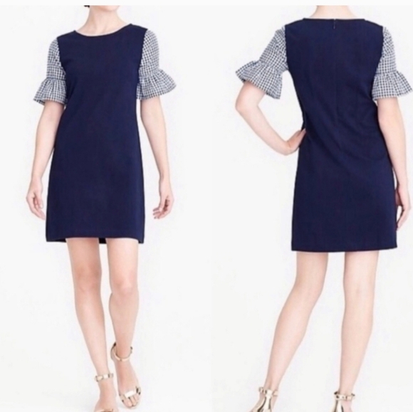 J. Crew Dresses & Skirts - J. Crew Gigham Bell Sleeve Straight Line Navy Above Knee Back Zip Stretchy Dress